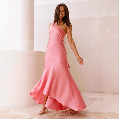 Damen Maxikleid Asymmetrischer Träger Fließend Eveloria