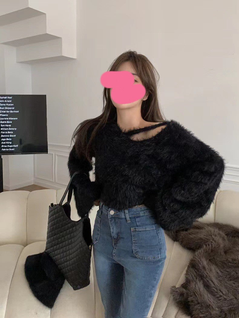 Damen Cropped Pullover Flauschig Weiches Strickmuster Grau