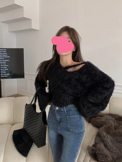 Damen Cropped Pullover Flauschig Weiches Strickmuster Grau