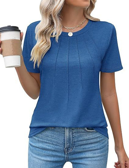 Eveloria Damen Rundhals T-Shirt Plissee Weiss