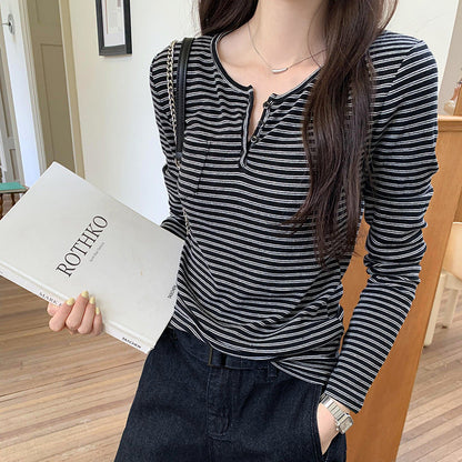 Damen Langarmshirt Streifenmuster Knöpfe Weiß