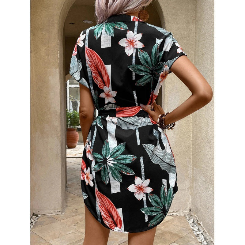 Damen Wickelkleid Blumenmuster Taillengürtel Eveloria