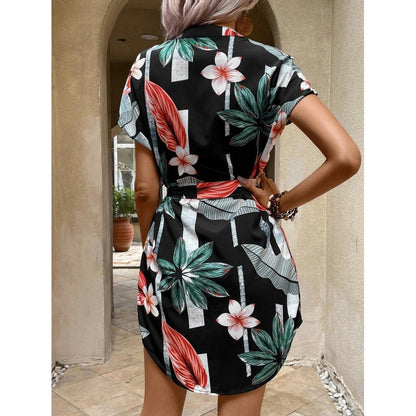Damen Wickelkleid Blumenmuster Taillengürtel Eveloria