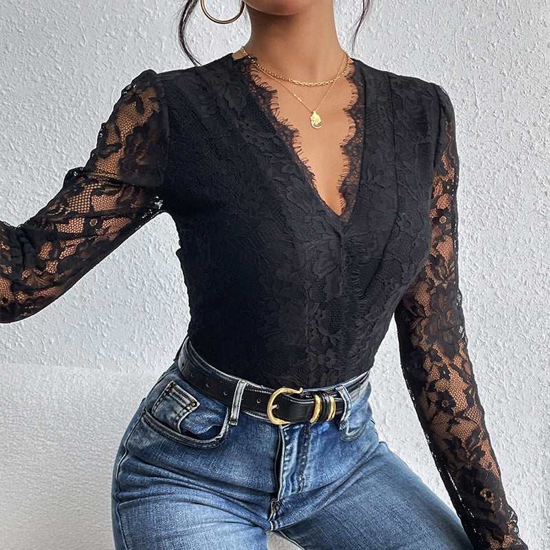 Damen Spitzenbody V-Ausschnitt transparente Ärmel Eveloria