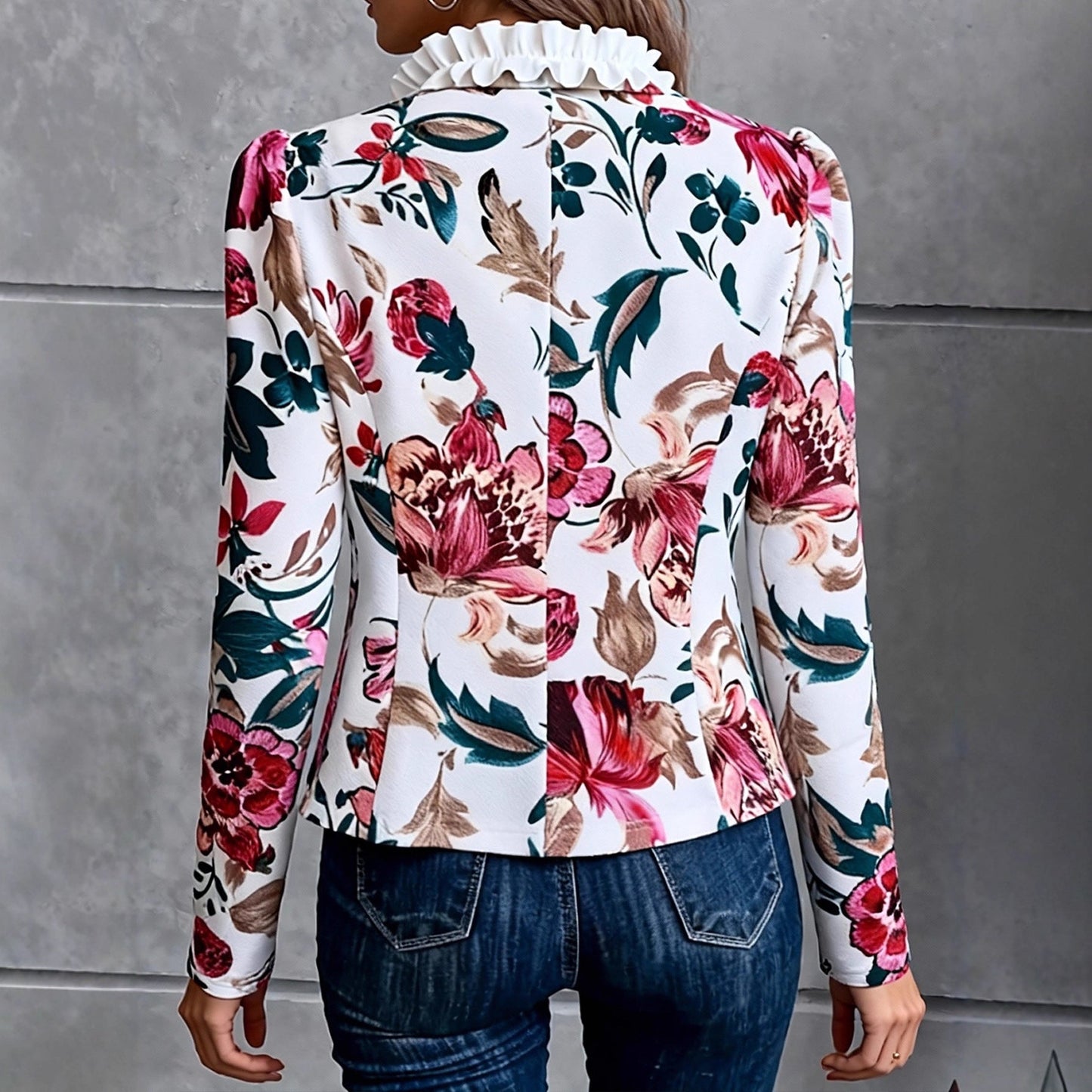 Damen Blazer Florales Design Rüschendetails Eveloria