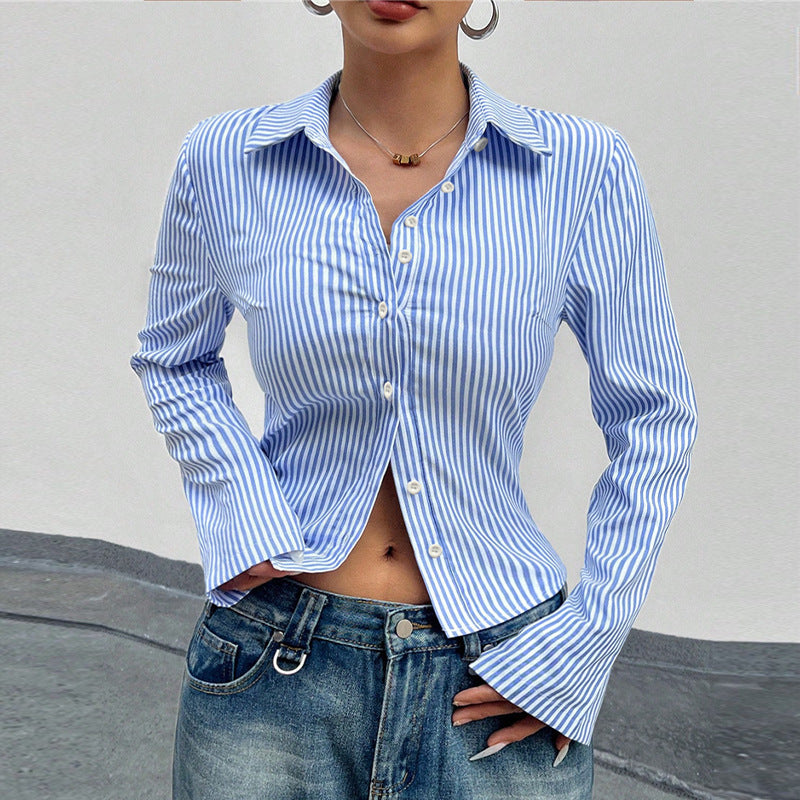 Damen Langarmbluse Schmalstreifen Manschetten Bluse Eveloria - Eveloria