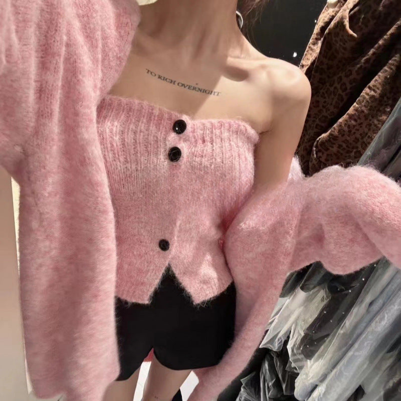 Damen Strickjacke Weites Modell Mit Knöpfen Beige
