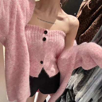 Damen Strickjacke Weites Modell Mit Knöpfen Beige