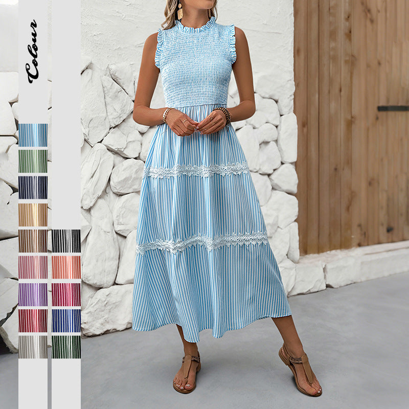 Damen Maxikleid Gestreift Voluminöse Rüschen Schwarz Weiss - Eveloria