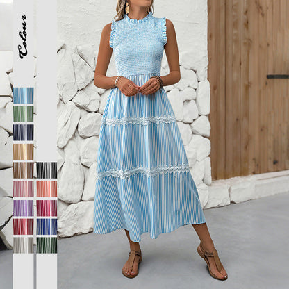 Damen Maxikleid Gestreift Voluminöse Rüschen Schwarz Weiss - Eveloria