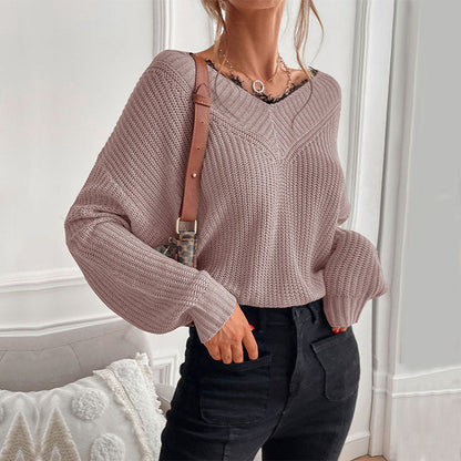 Damen Strickpullover V-Ausschnitt Locker Passform Beige