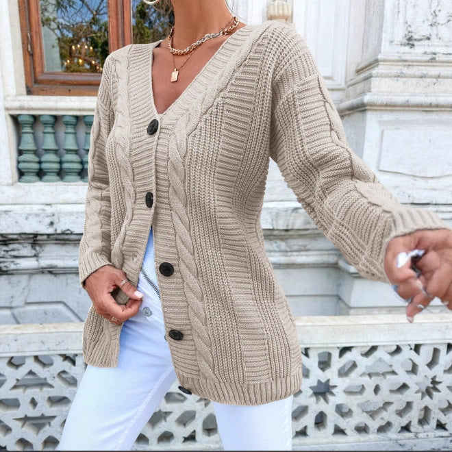 Damen Strickjacke Kabelmuster Klassische Knöpfe Beige