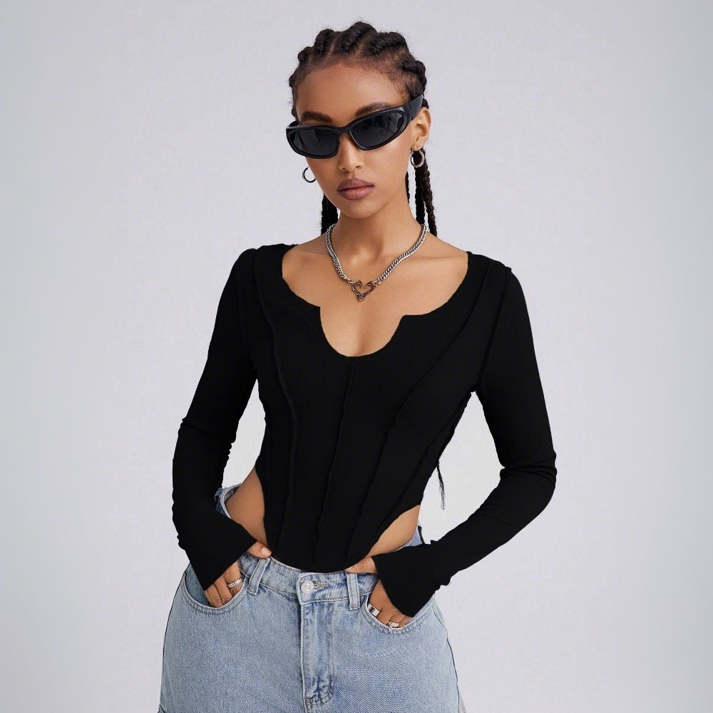 Damen Langarm Bodysuit V-Ausschnitt Cut-Out-Details - Eveloria