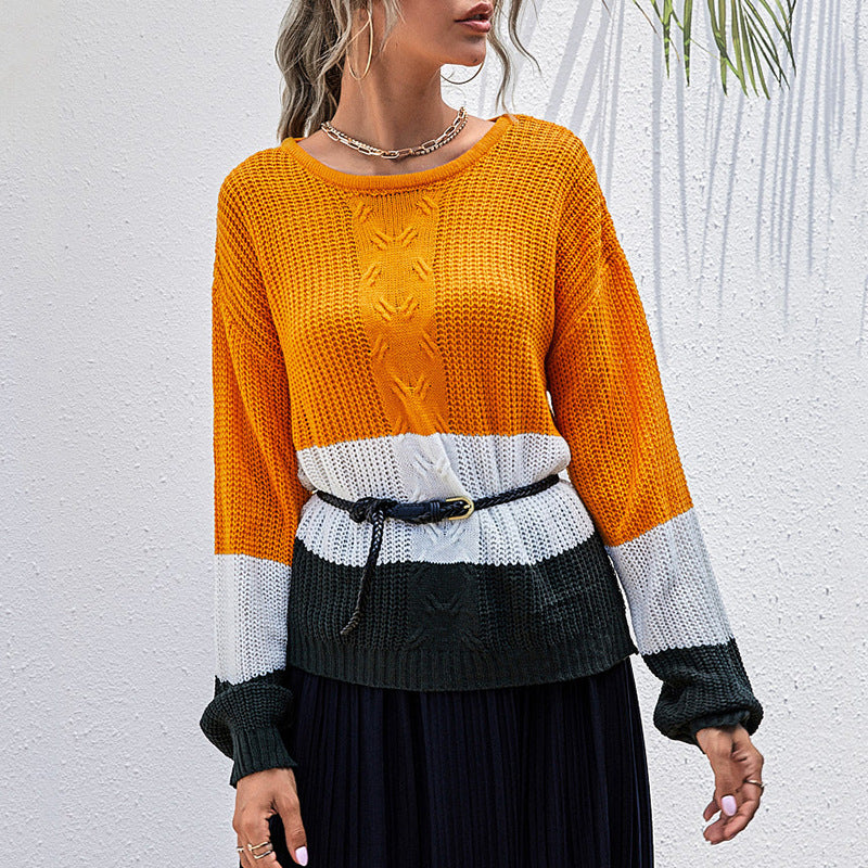 Damen Strickpullover Weit Modische Blockstreifen Beige