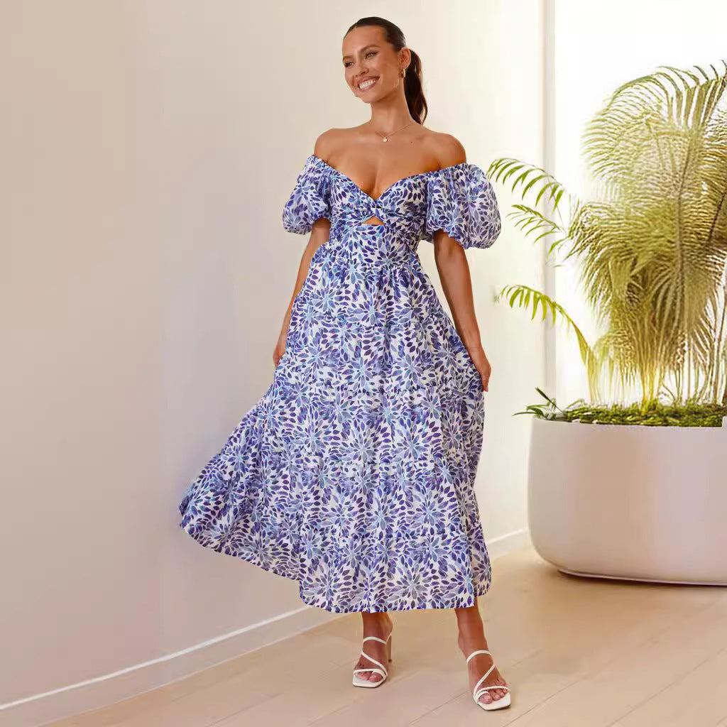 Damen Maxikleid Schulterfreies Design Puffärmel Eveloria