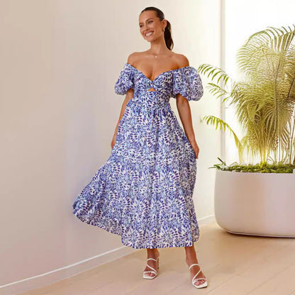 Damen Maxikleid Schulterfreies Design Puffärmel Eveloria