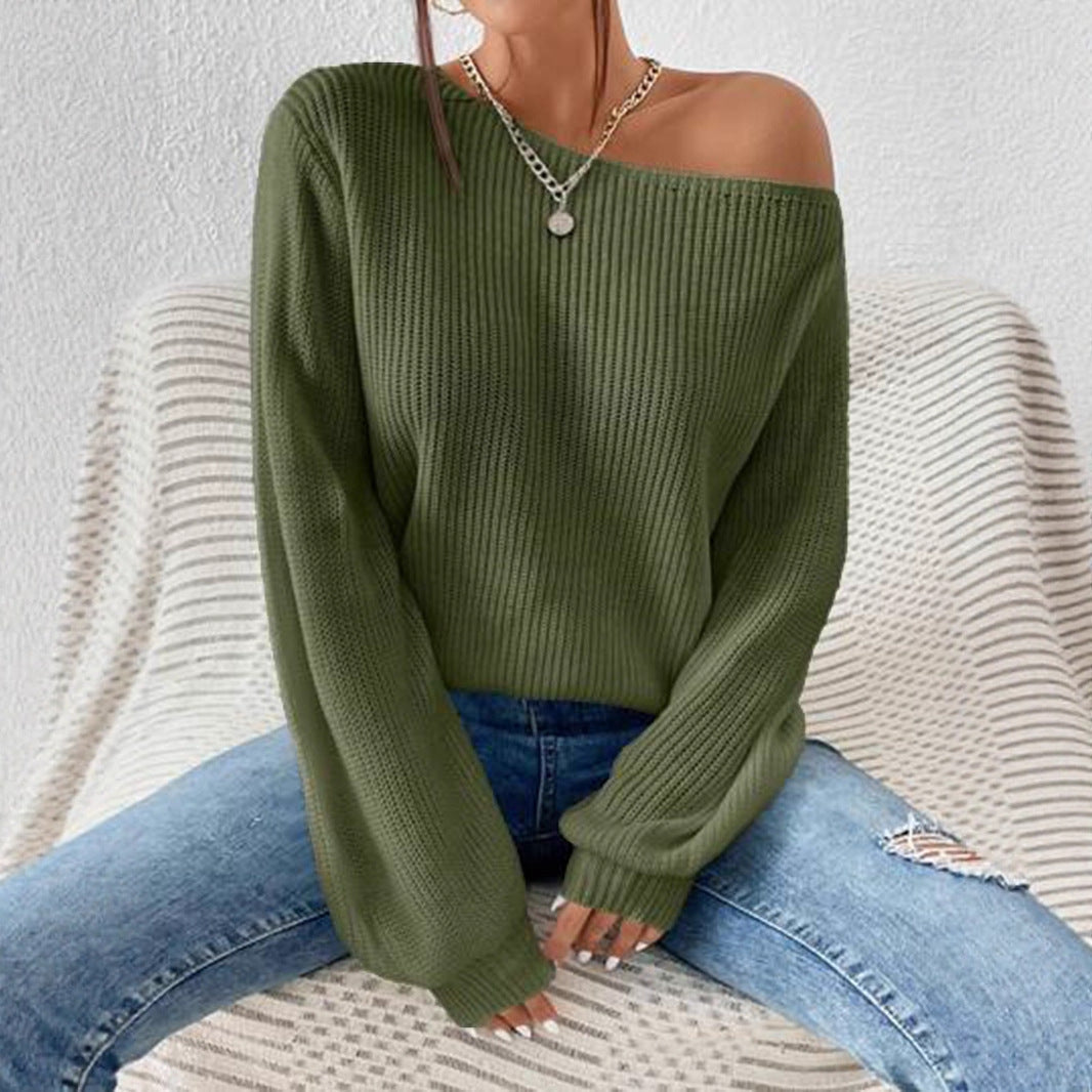 Damen Strickpullover Lässig Weites Design Offene Schulter Beige