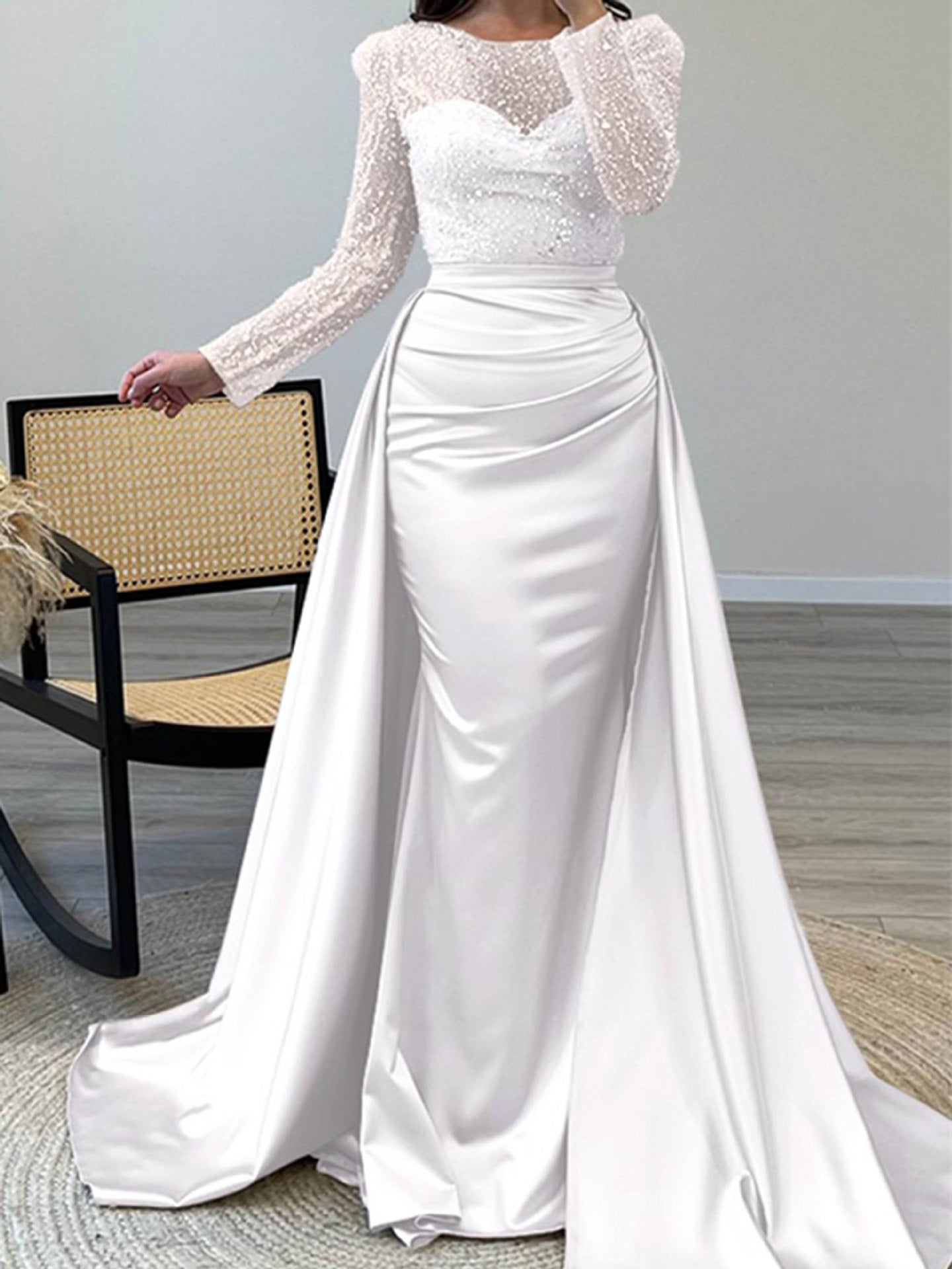 Damen Abendkleid Paillettenoberteil Satinrock Eveloria