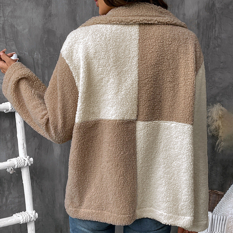 Damen Teddyjacke Nachhaltig Farbblockdetails Braun