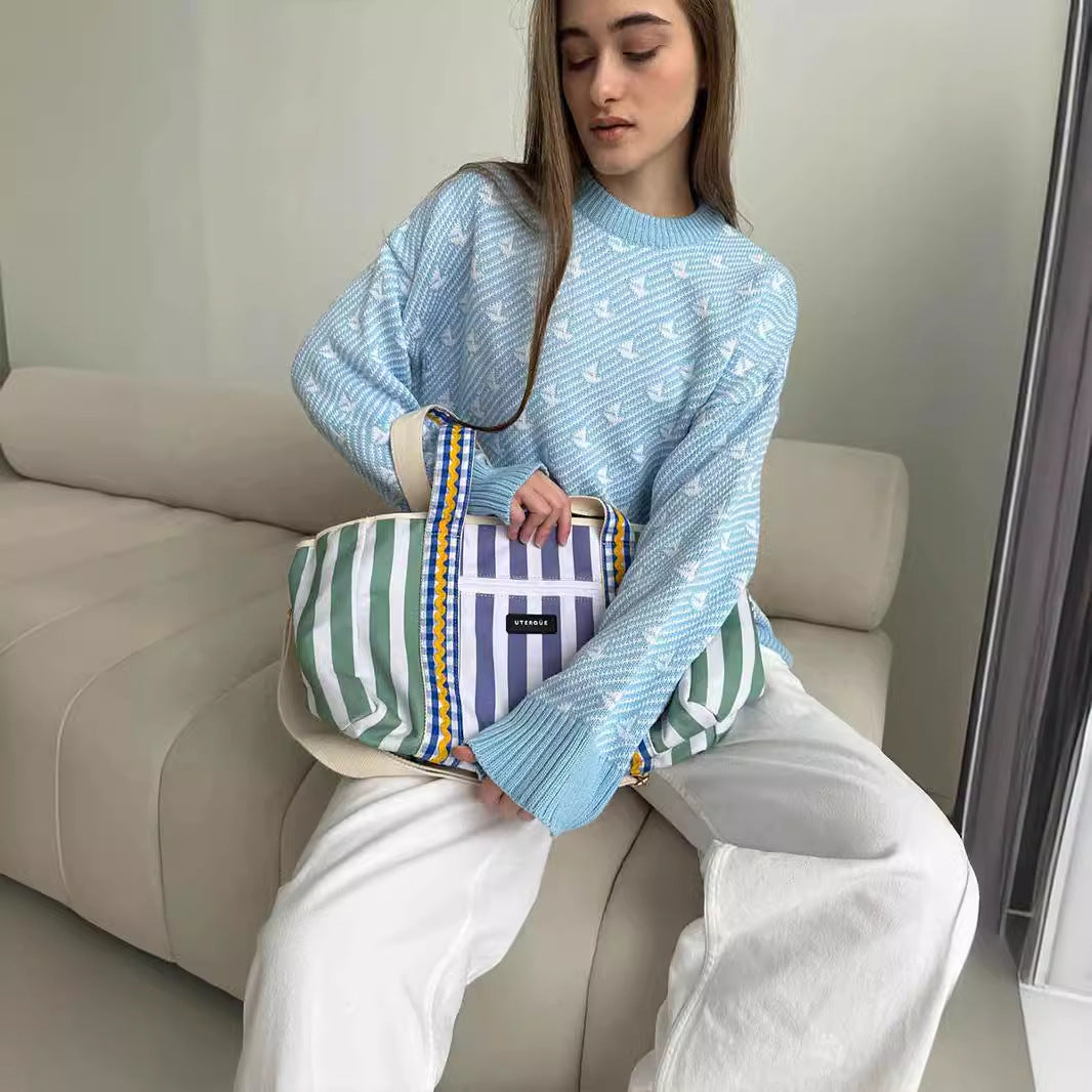 Damen Oversized Pullover Baumwolle Gemustert Beige