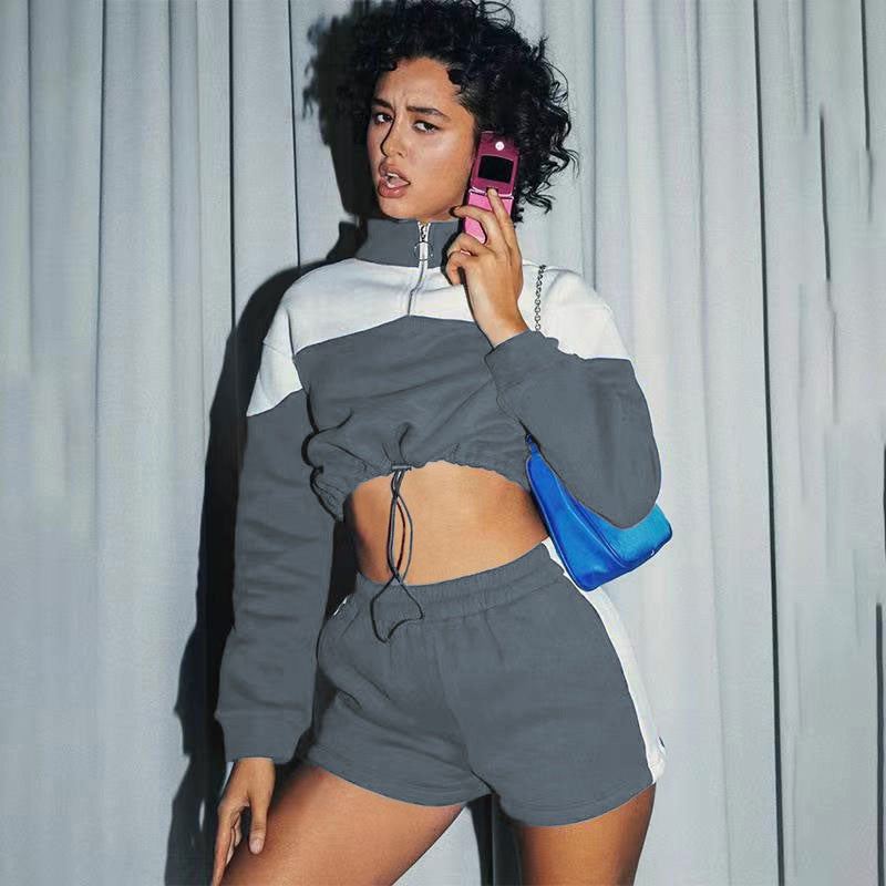 Damen Sportanzug Cropped Hochkragen Kordelzug Eveloria