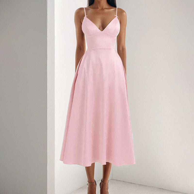 Damen Maxikleid V-Ausschnitt Fließender Rock Sommer