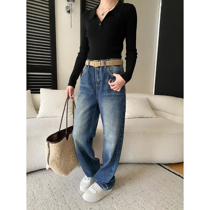 Damen Langarmshirt Elastisch Rippstrick Modischer Kragen Weiß