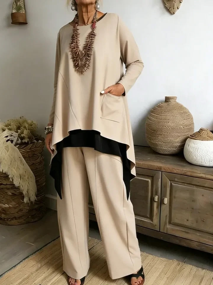 Damen Ensemble Asymmetrisches Oberteil Weite Hose Eveloria
