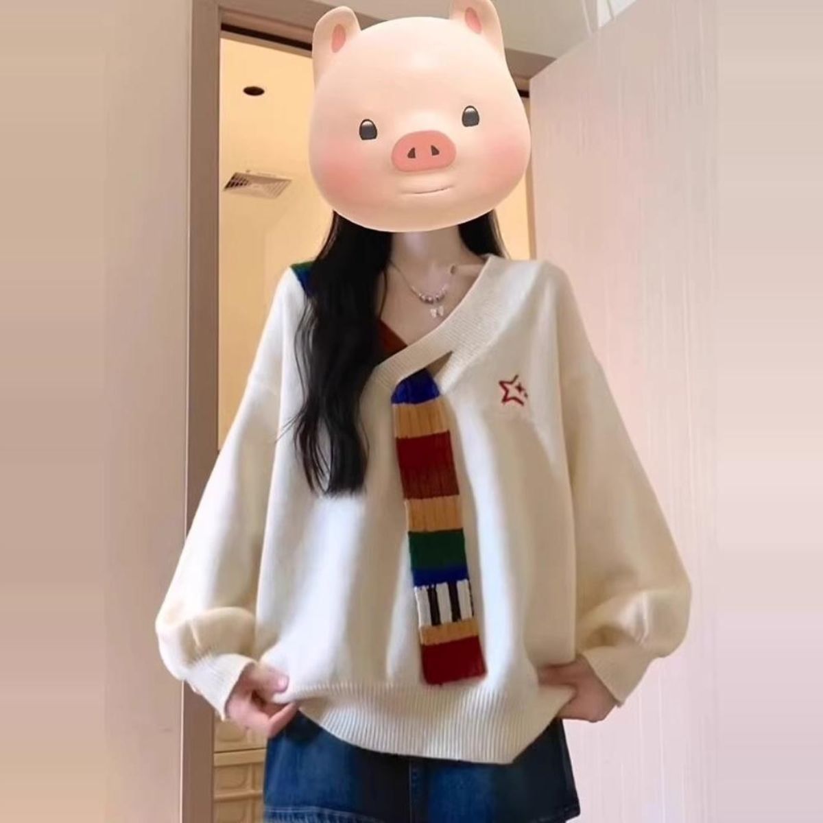 Damen Pullover V-Ausschnitt Bunt Streifen