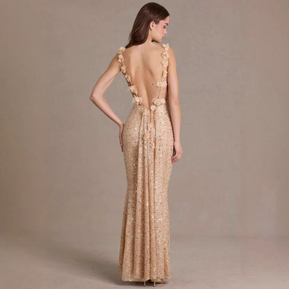 Damen Maxi-Kleid Pailletten Wasserfallausschnitt Figurbetonter