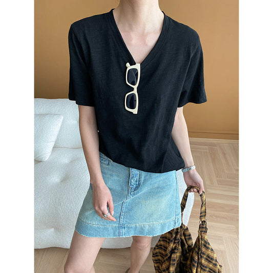 Damen T-Shirt V-Ausschnitt Weiches Material Beige - Eveloria