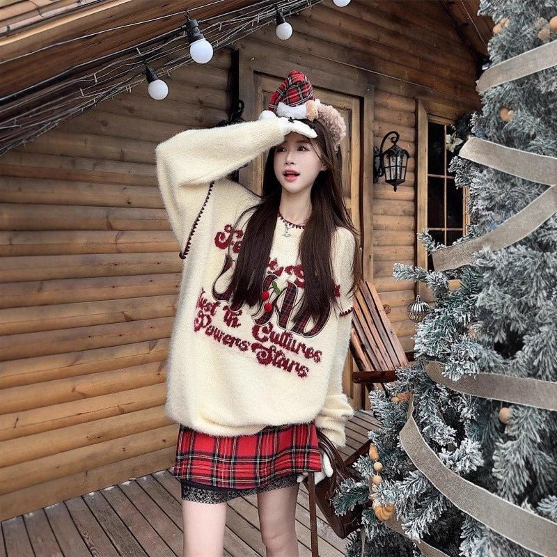 Damen Pullover Lässig Verspielter Schriftzug Beige