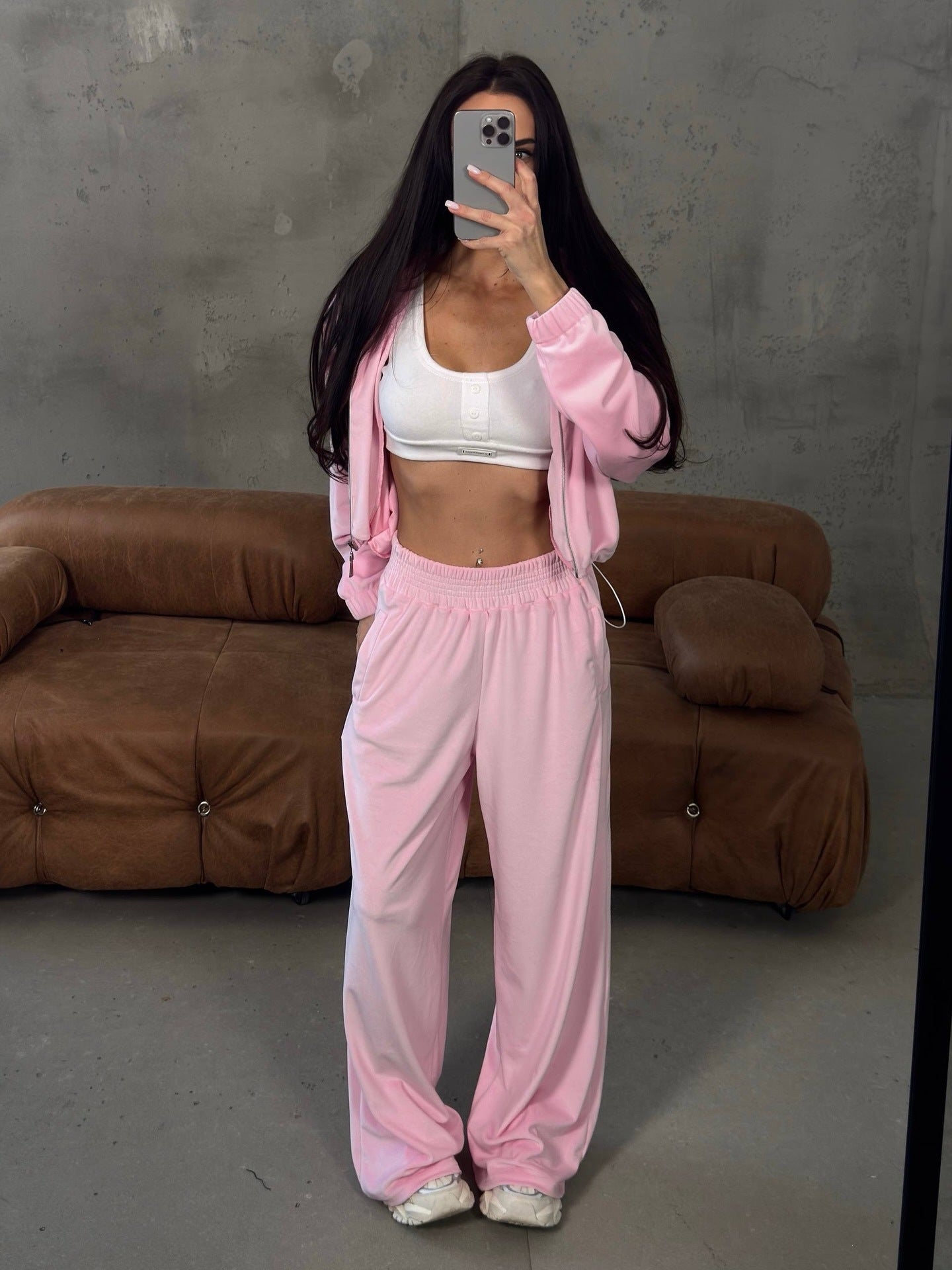 Damen Velours Jogginganzug Kurzärmelig Weite Beine