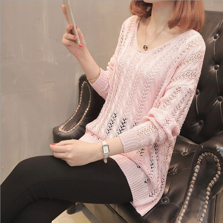 Damen Strickpullover V-Ausschnitt Feine Lochstruktur Grau Eveloria
