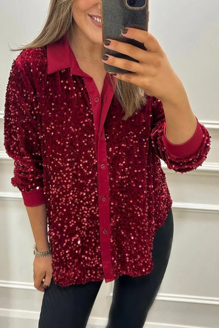 Damen Paillettenbluse Klassischer Kragen Glitzer Effekt
