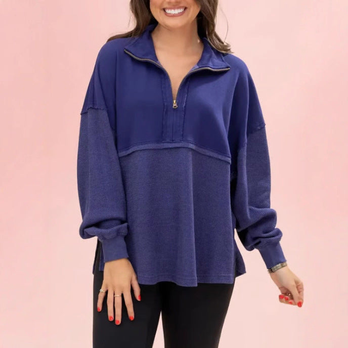 Damen Pullover Halbzipper Voluminöse Ärmel Grau Eveloria
