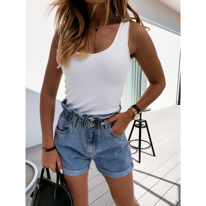 Damen Hochgeschlossene Jeansshorts Elastisch Schwarz Eveloria - Eveloria