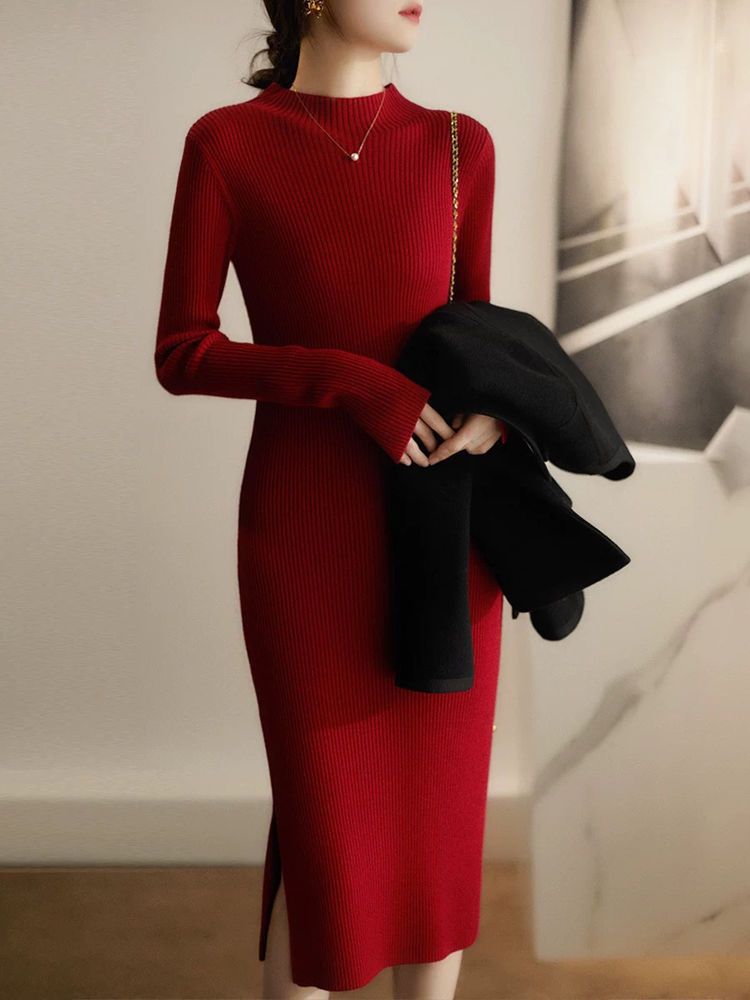 Damen Strickkleid Hochgeschlossener Kragen Feines Rippmuster