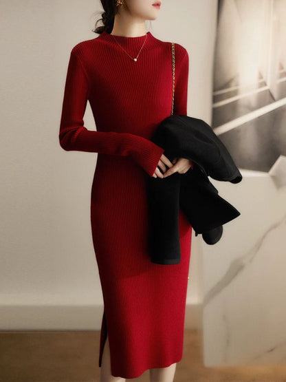 Damen Strickkleid Hochgeschlossener Kragen Feines Rippmuster