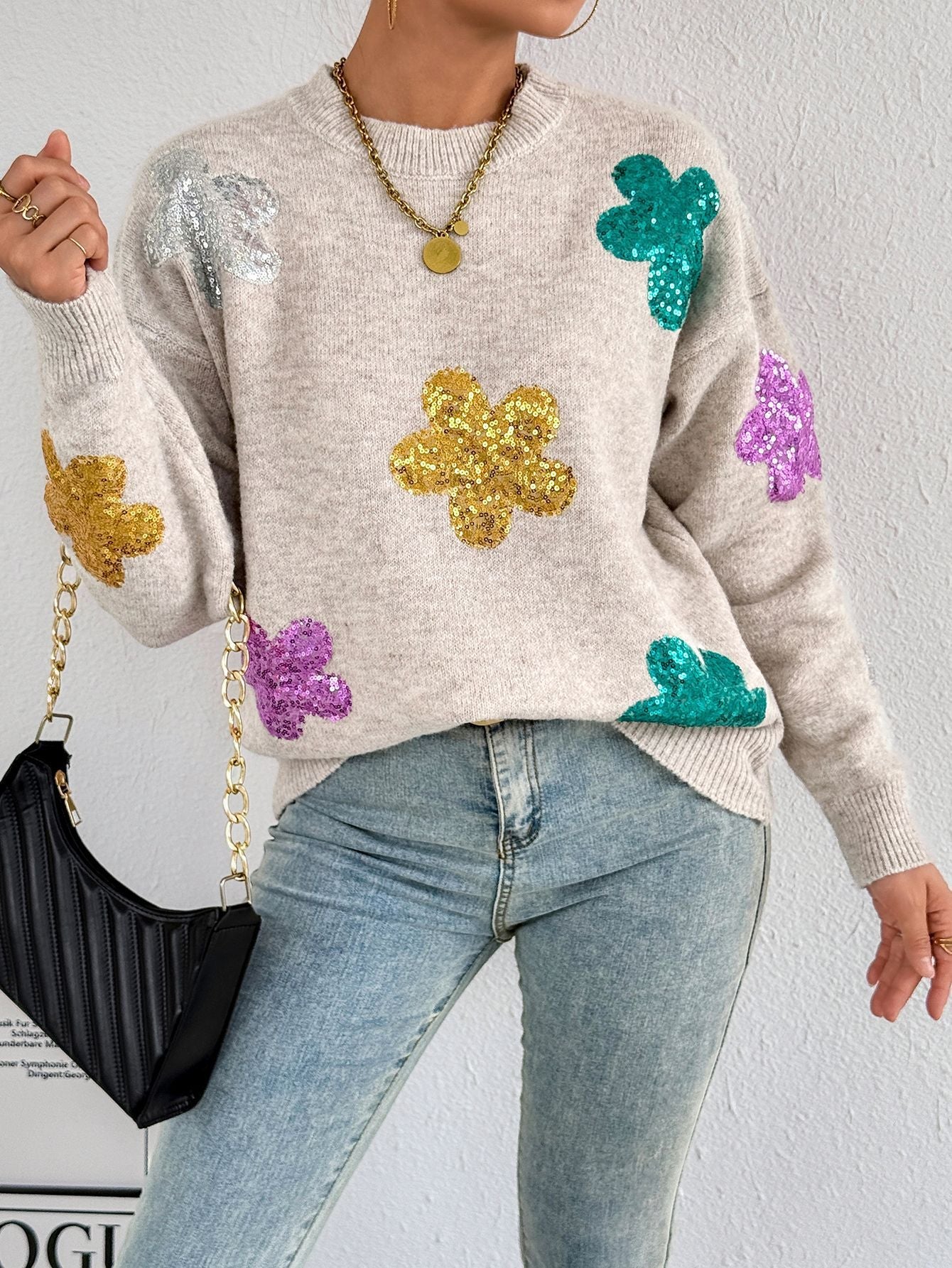 Damen Oversized Pullover Glitzer Floralmuster Eveloria