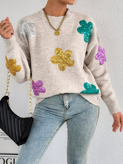 Damen Oversized Pullover Glitzer Floralmuster Eveloria