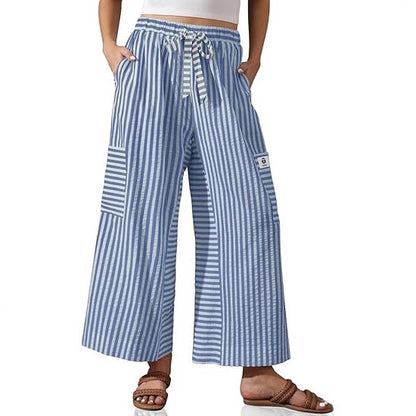 Damen Palazzo-Hose Gestreift Bequem Mit Taschen weiß