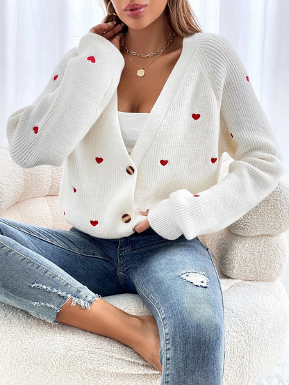 Damen Strickjacke Herzapplikationen Knopfverschluss Eveloria