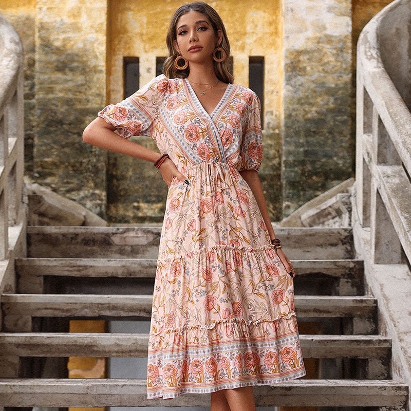 Damen Wickelkleid Florale Rüschen Taillengürtel