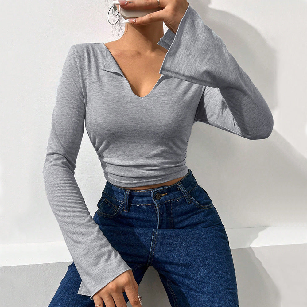 Damen Langarmshirt Trompetenärmel V-Ausschnitt Elegant