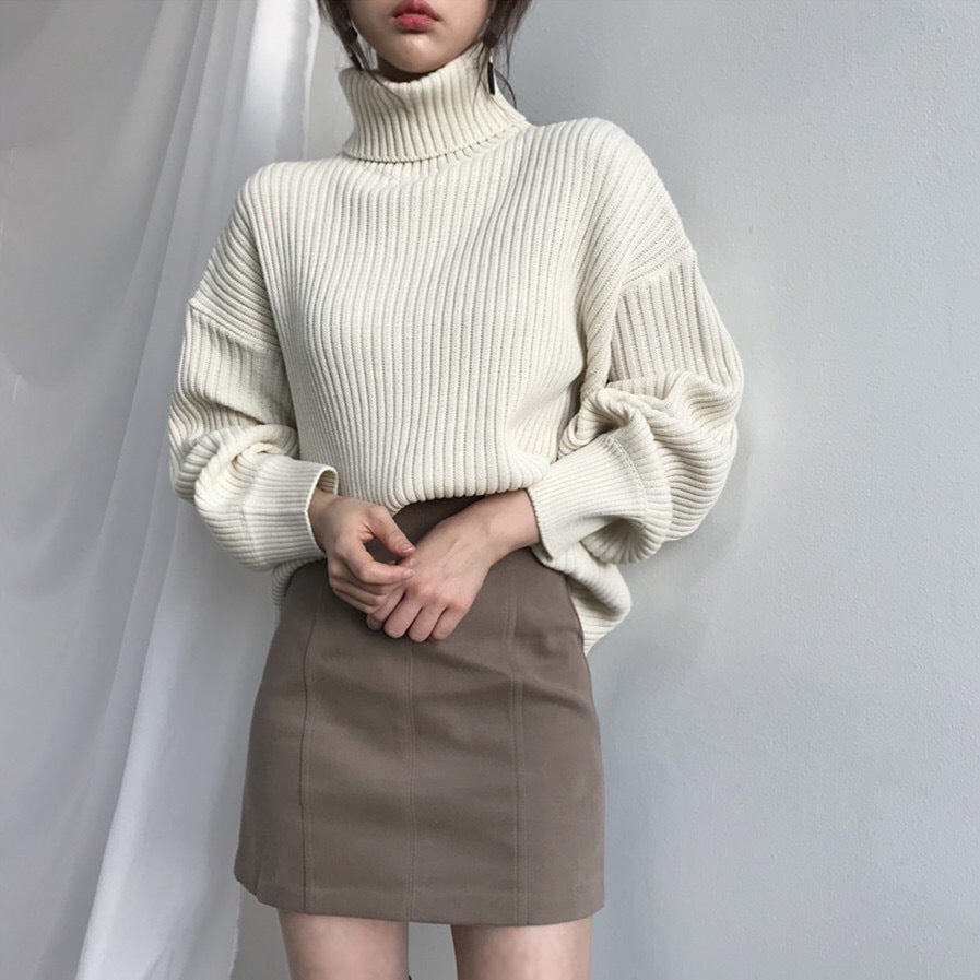 Damen Grobstrickpullover Hoher Kragen Voluminöse Ärmel