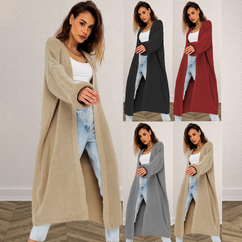 Damen Grobstrick Cardigan Offenes Frontdesign Tiefen Taschen Beige - Eveloria