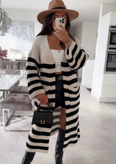 Damen Grobstrickjacke Streifenmix Elegantes Design