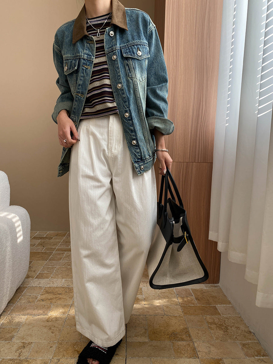 Damen Jeansjacke Lässiger Schnitt Kontrastkragen Blau