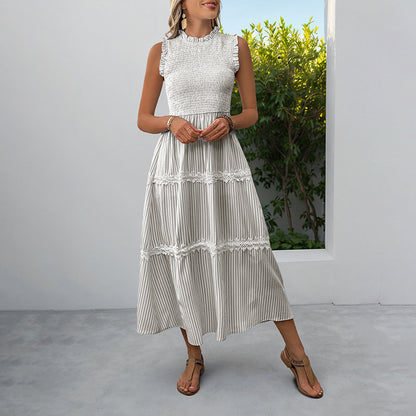 Damen Maxikleid Gestreift Voluminöse Rüschen Weiss